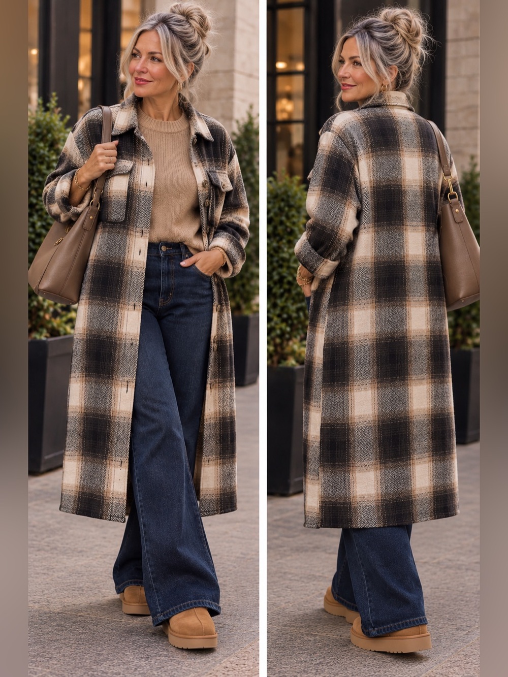 SHEIN Plaid Longline Shacket Coat in Taupe, Cream & Black